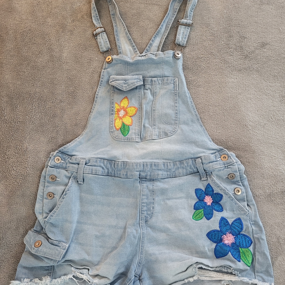 No Boundaries Light Blue Overalls with Colorful Floral Accents